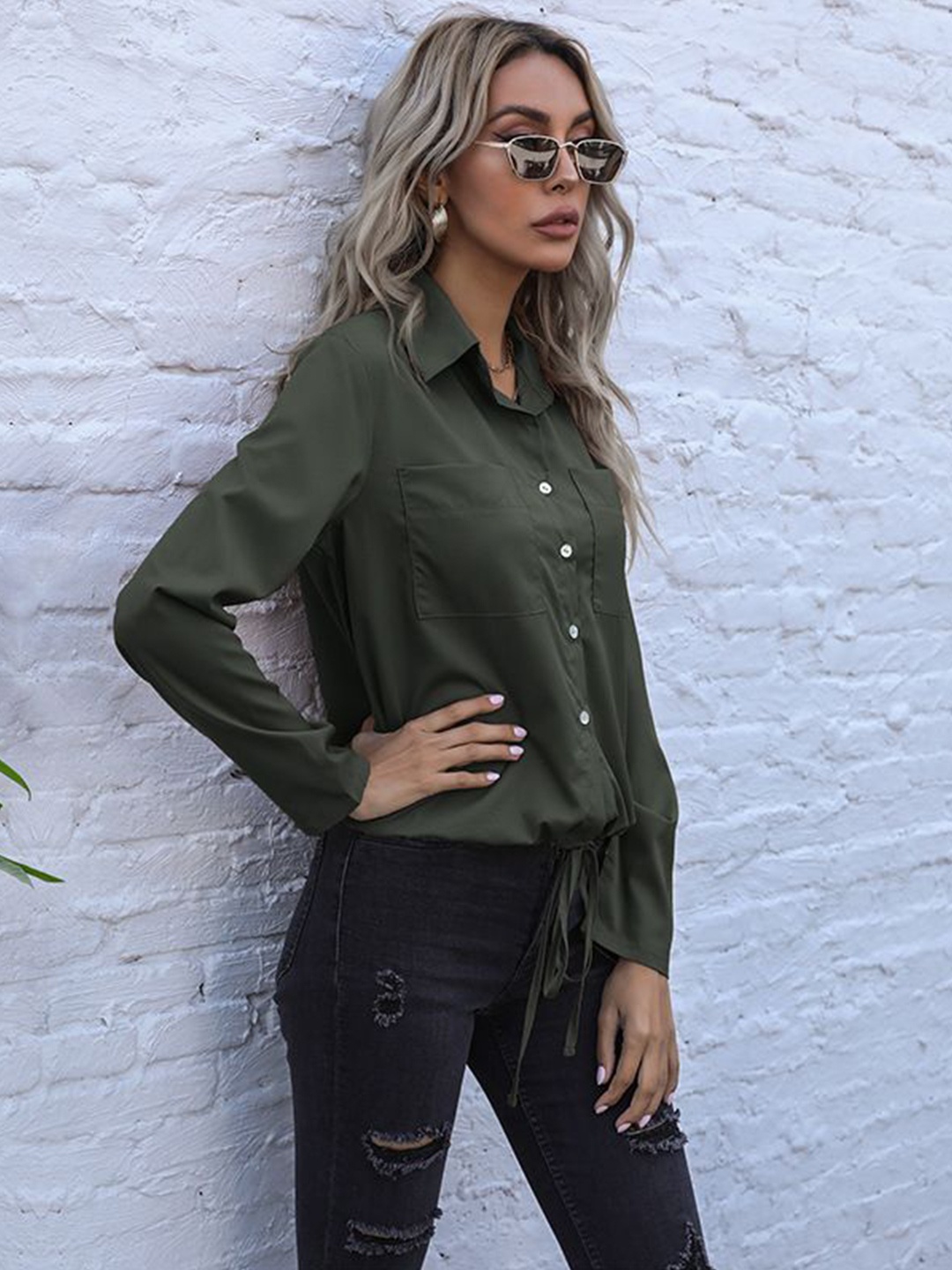 

StyleCast Women solid Opaque Casual Shirt, Olive