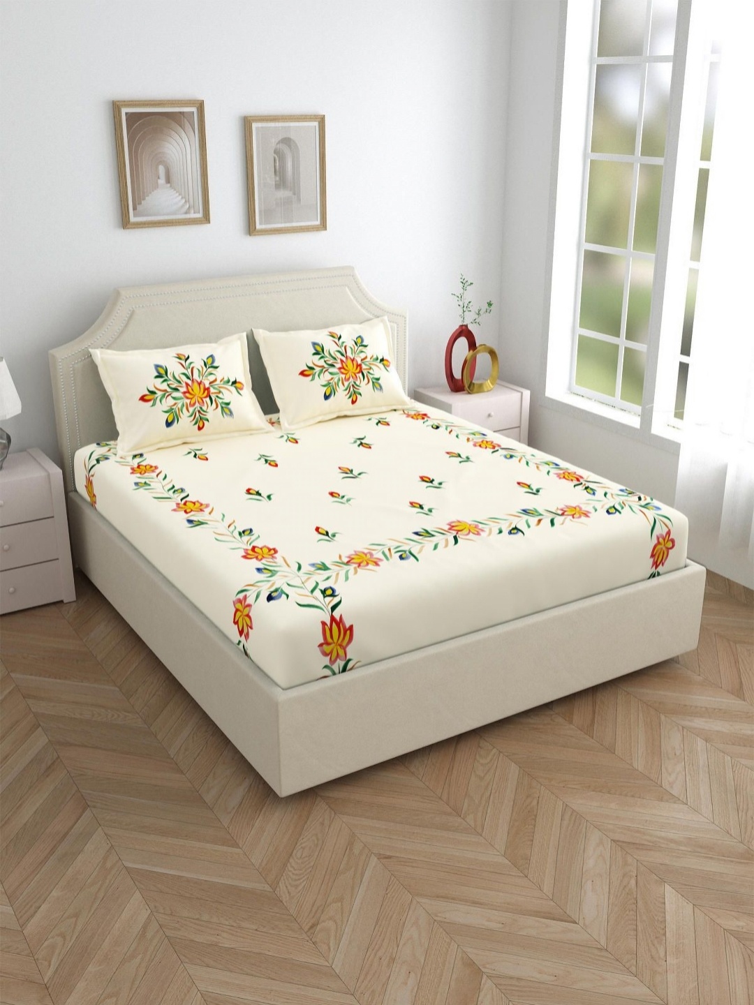 

Salona Bichona Beige & Yellow Floral Pure Cotton 300 TC King Bedsheet with 2 Pillow Covers