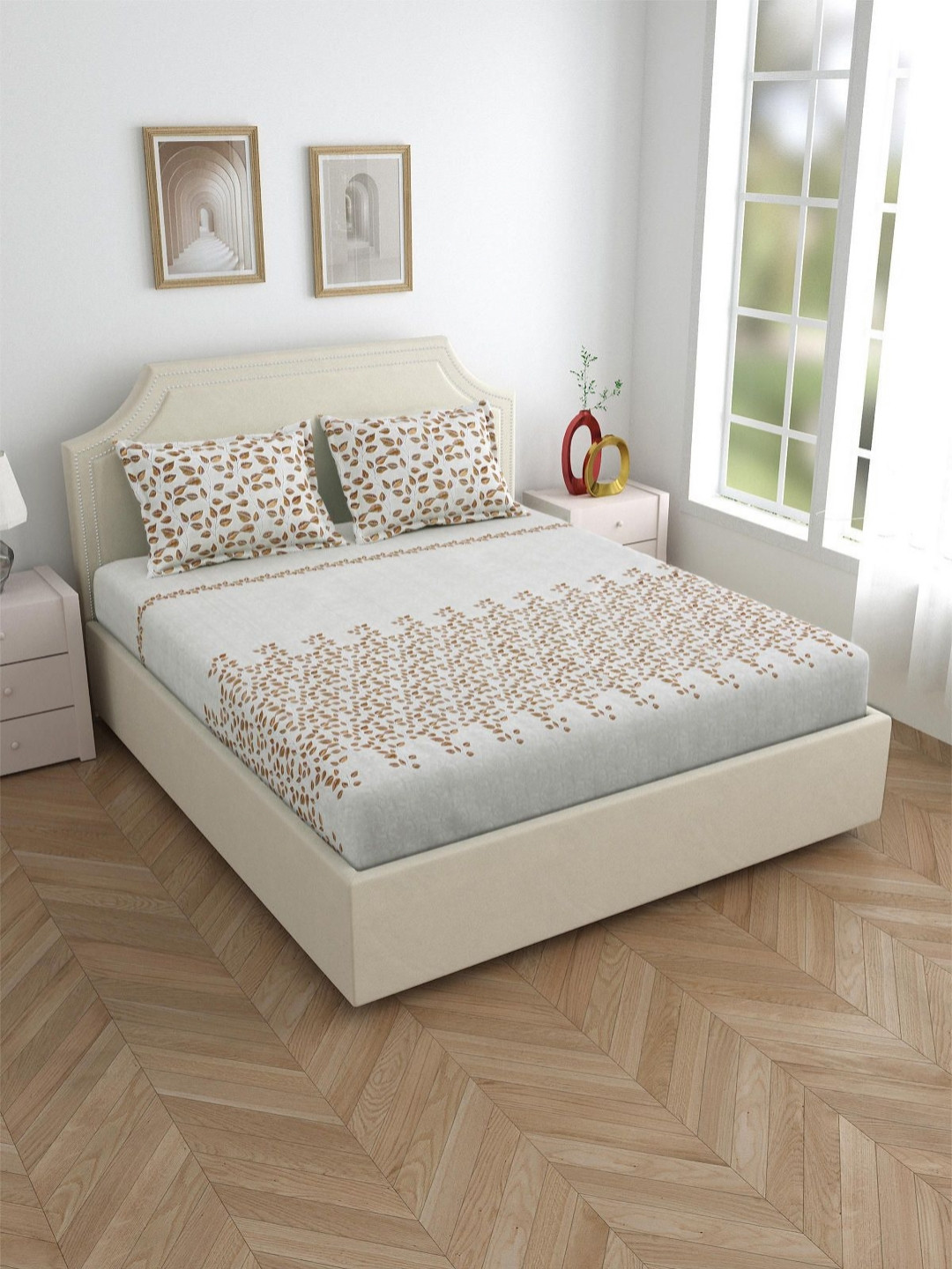 

Salona Bichona Grey & Brown Floral Pure Cotton 180 TC Queen Bedsheet with 2 Pillow Covers