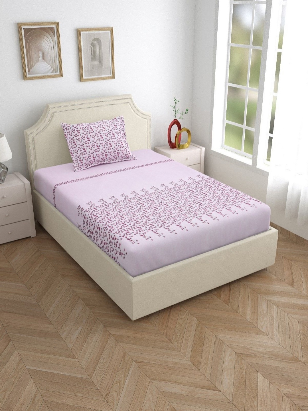 

Salona Bichona Pink & Grey Printed 180 TC Pure Cotton Single Bedsheet With 1 Pillow Cover