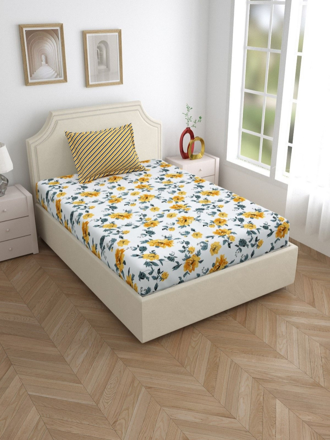 

Salona Bichona White & Blue Printed 180 TC Pure Cotton Single Bedsheet With 1 Pillow Cover