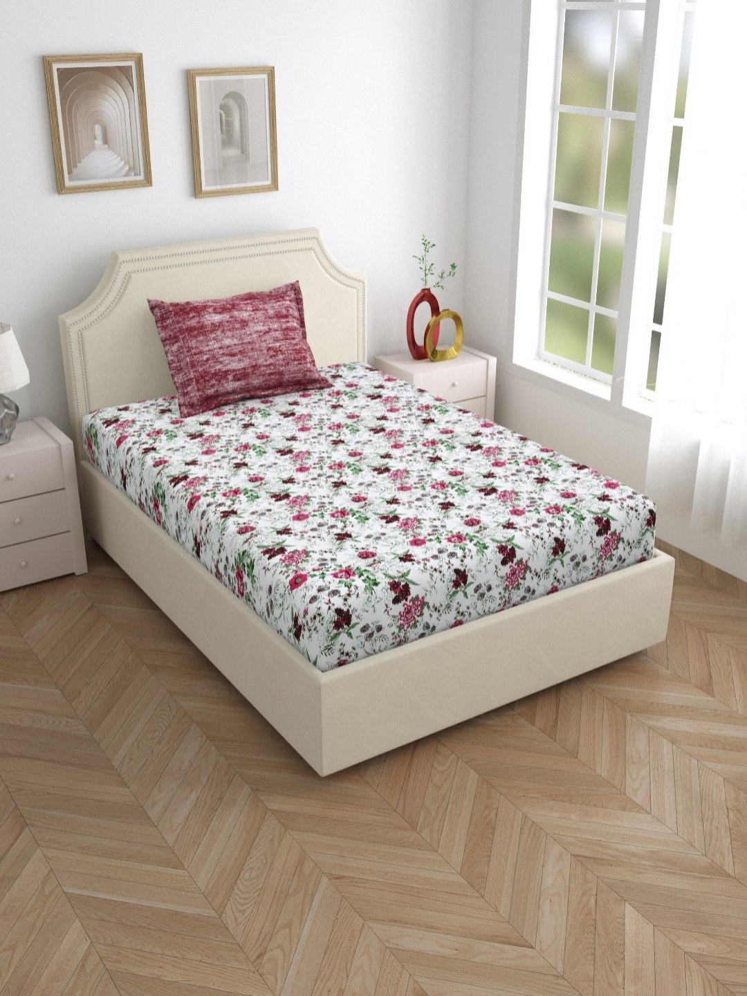 

Salona Bichona White & Pink Printed 180 TC Pure Cotton Single Bedsheet With 1 Pillow Cover