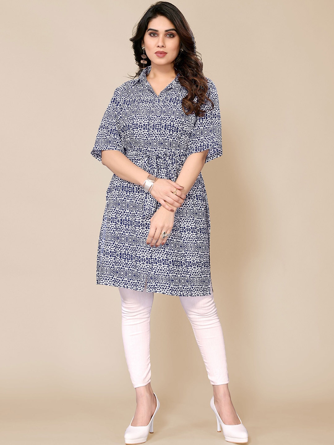 

Jimmy Paris Printed Shirt Collar Empire Straight Kurta, Blue