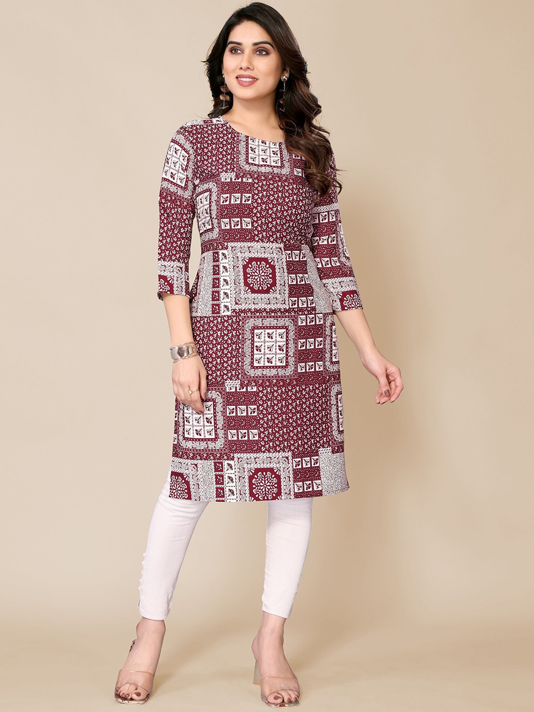 

Jimmy Paris Ethnic Motifs Printed Round Neck Three-Quarter Sleeves Kurta, Maroon