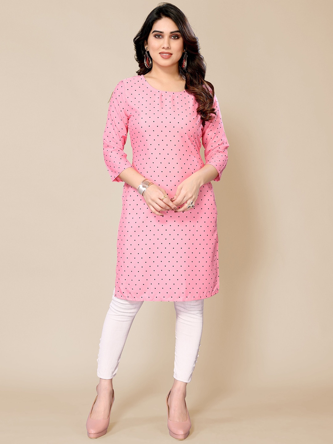 

Jimmy Paris Polka Dots Printed Round Neck Three-Quarter Sleeves Kurta, Pink