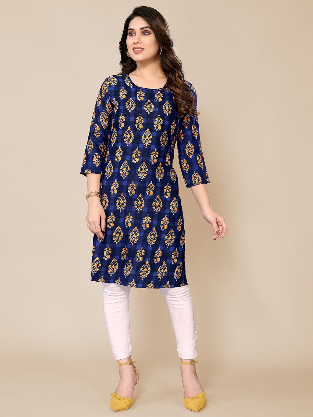 

Jimmy Paris Ethnic Motifs Printed Round Neck Three-Quarter Sleeves Kurta, Navy blue