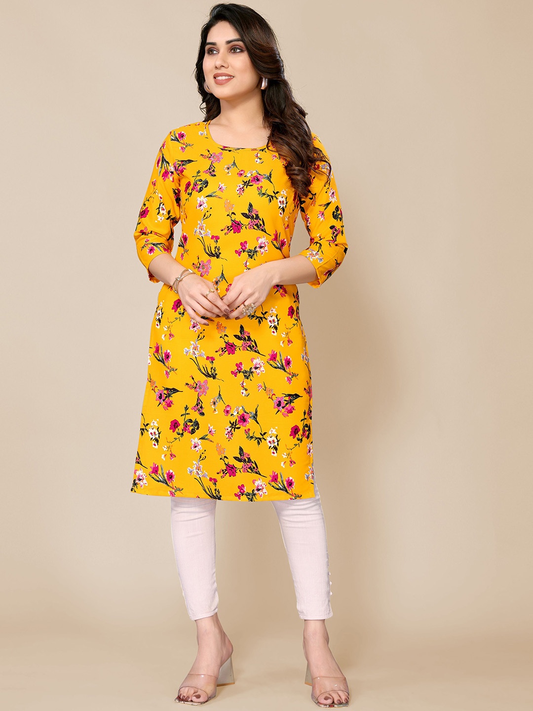 

Jimmy ParisFloral Printed Round Neck Three-Quarter Sleeves Kurta, Yellow
