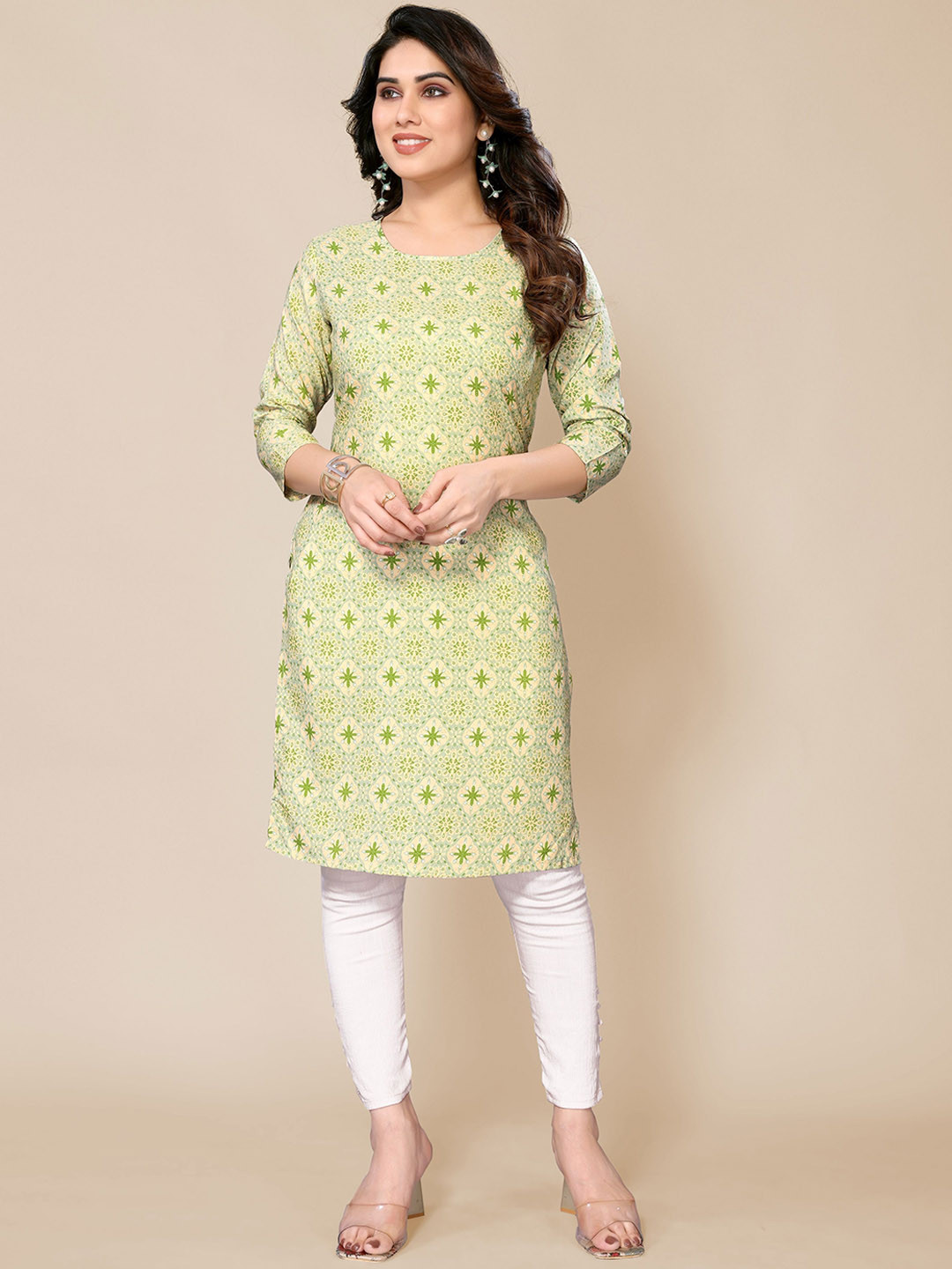 

Jimmy Paris Ethnic Motifs Printed Round Neck Three-Quarter Sleeves Kurta, Green