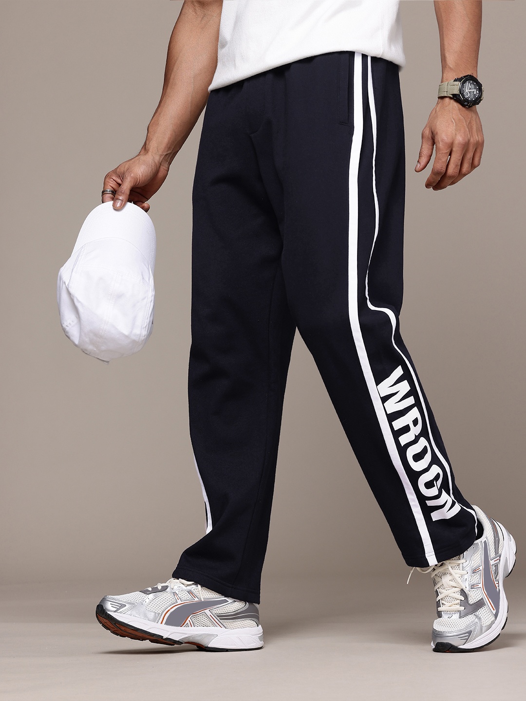 

WROGN Men Regular Fit Striped Brand Logo Printed Track Pants, Navy blue