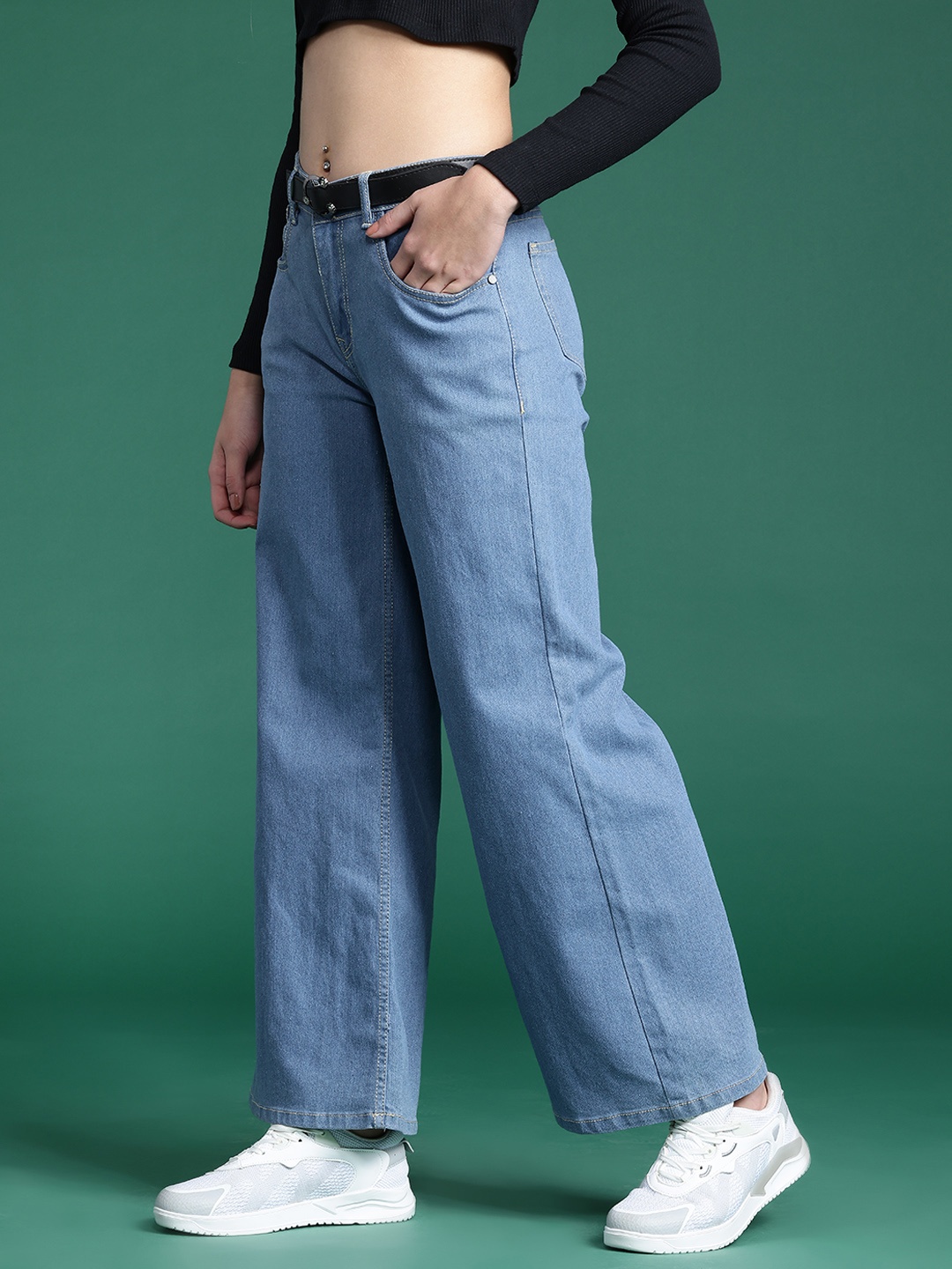 

DressBerry Women Stretchable Wide Leg Jeans with Belt, Blue