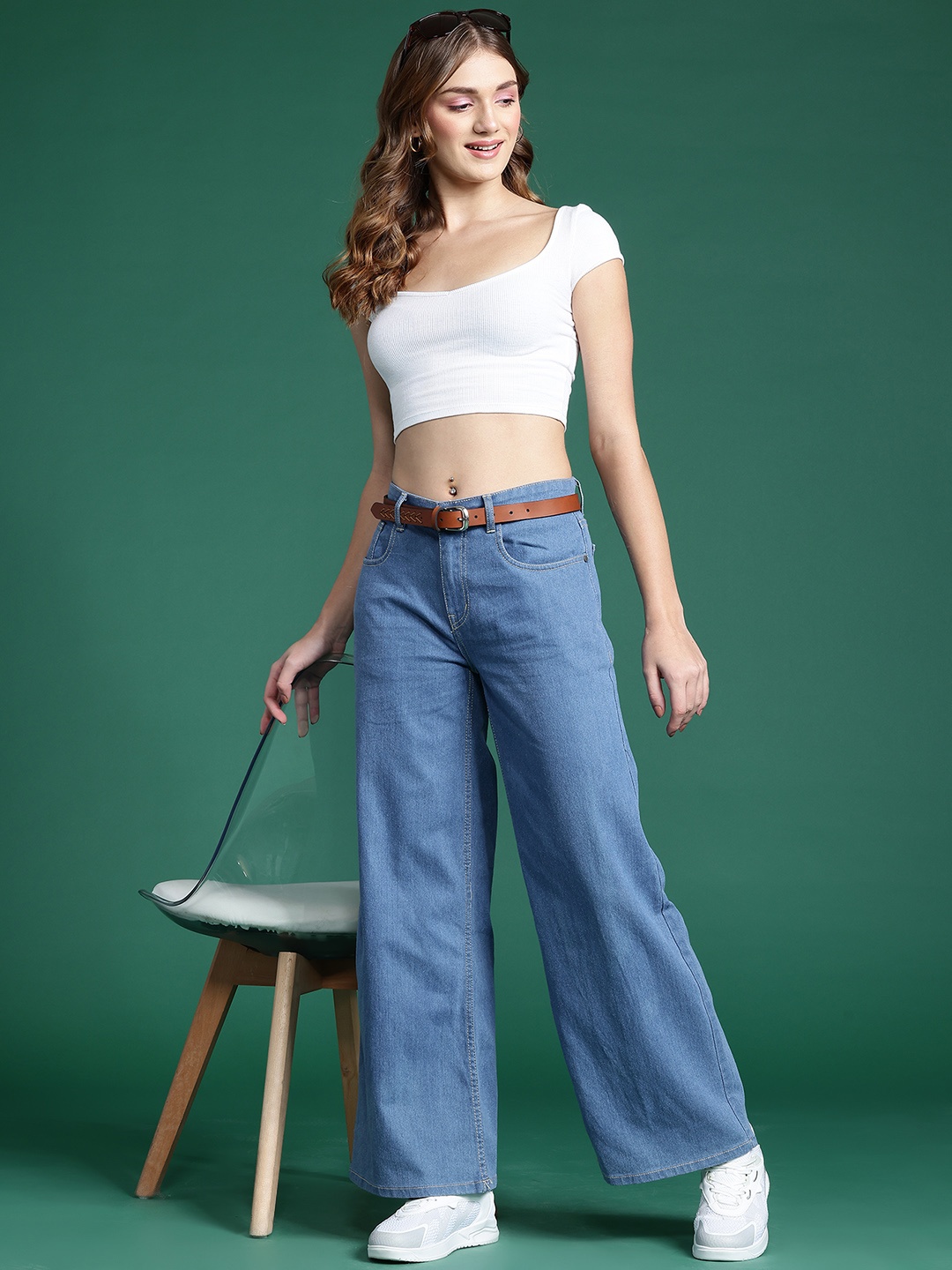 

DressBerry Women Stretchable Wide Leg Jeans with Belt, Blue