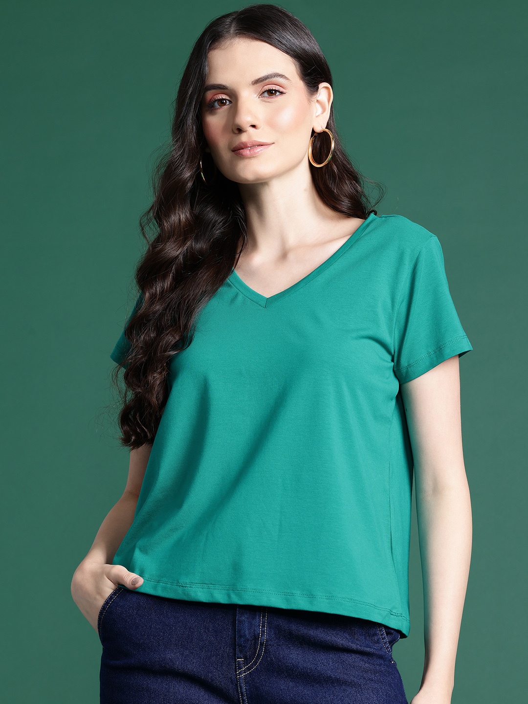 

DressBerry V-Neck Pure Cotton T-shirt, Green