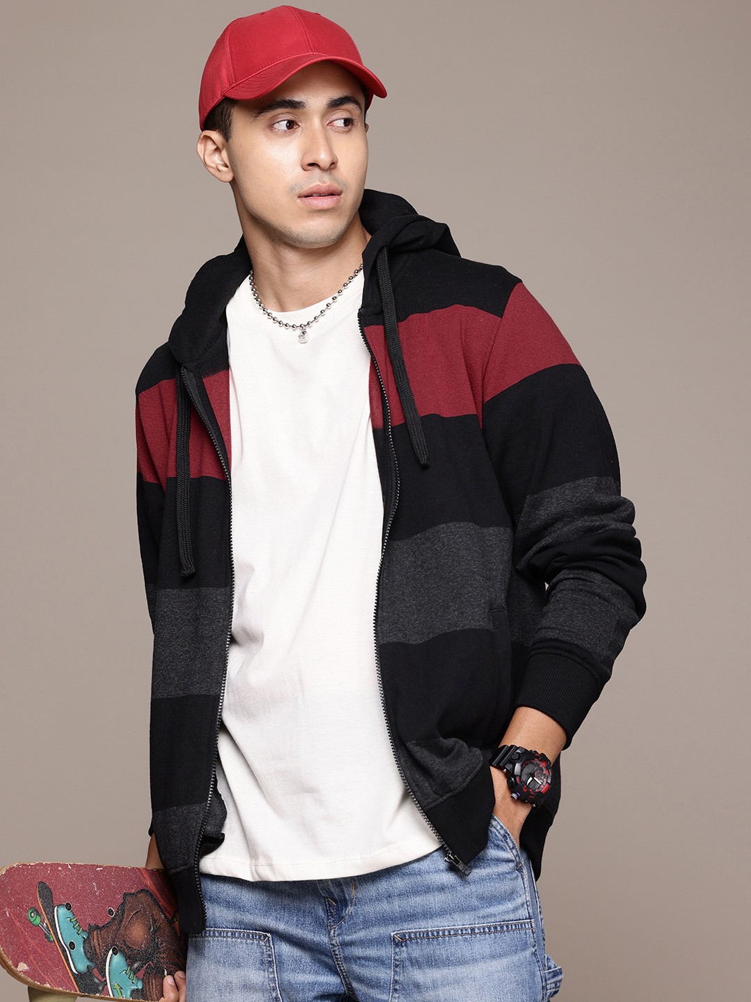 

The Roadster Lifestyle Co. Men Striped Hooded Sweatshirt, Black