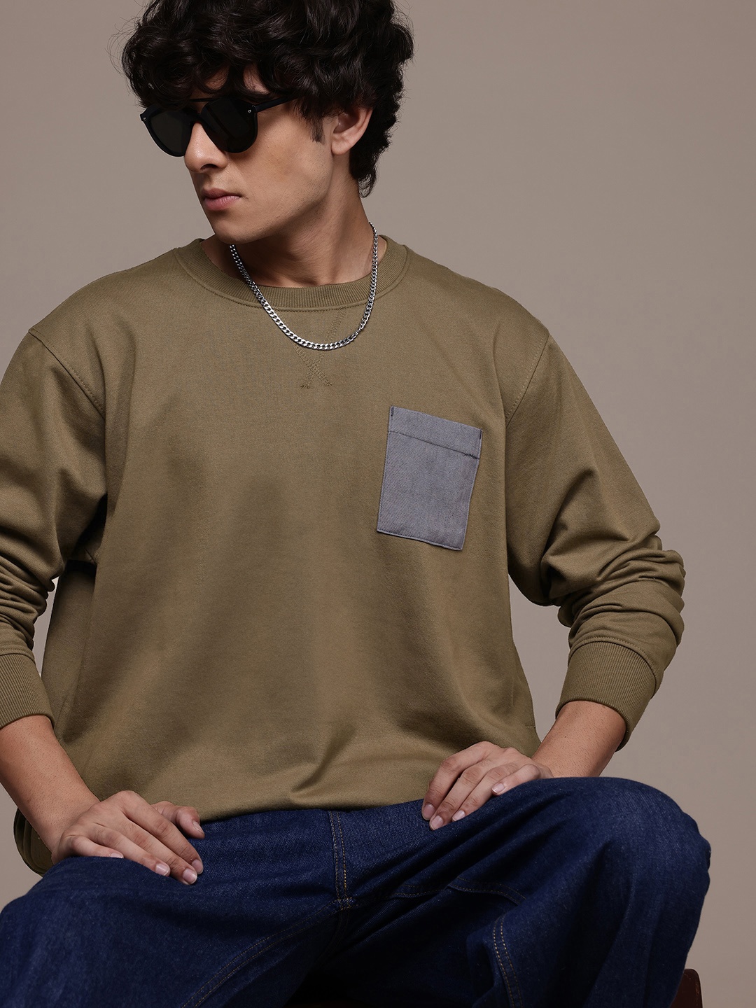 

The Roadster Lifestyle Co. Knitted Sweatshirt With Mock Pocket, Brown