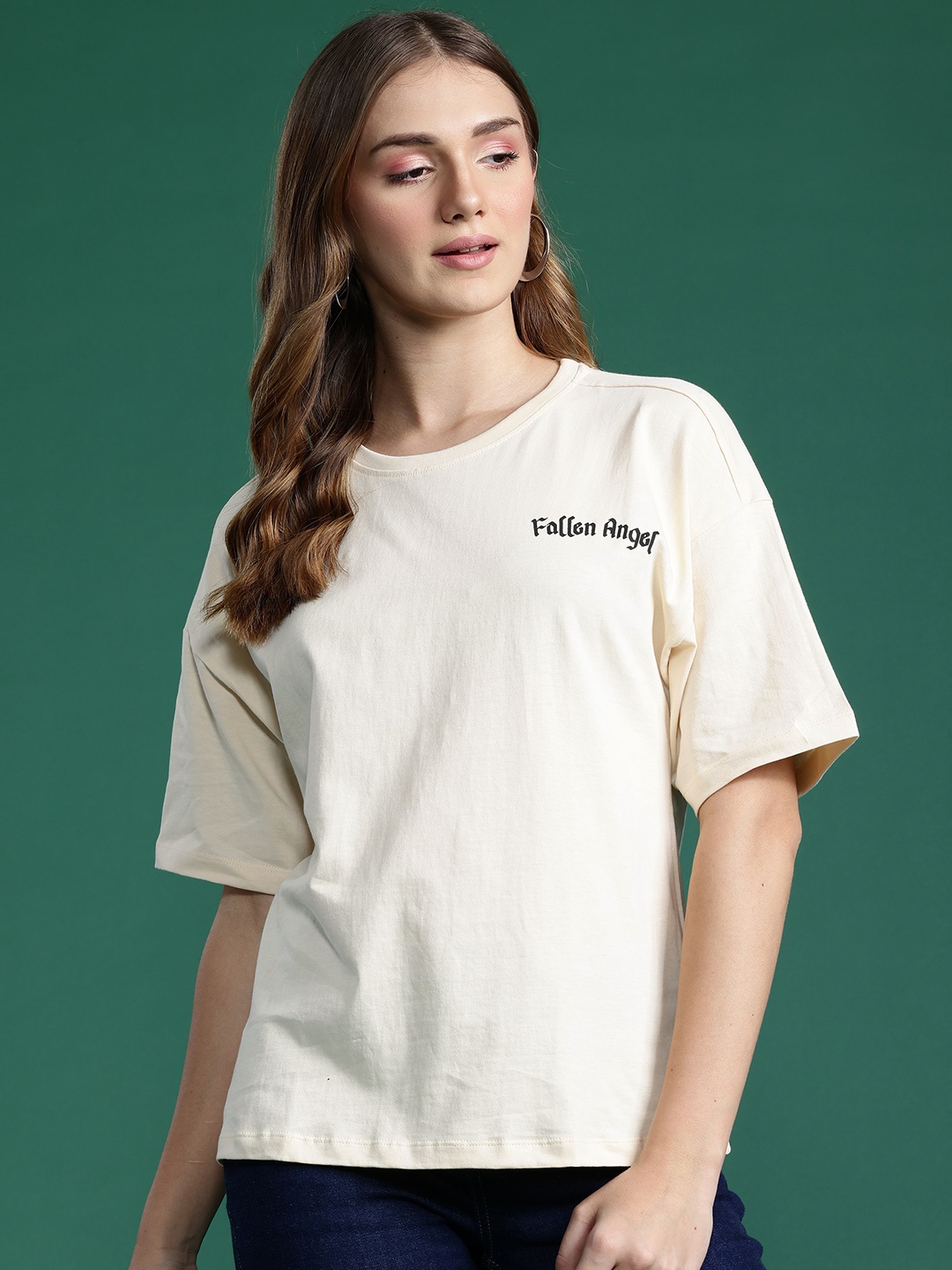 

DressBerry Women Typography Printed Drop-Shoulder Sleeves Pure Cotton T-shirt, Off white