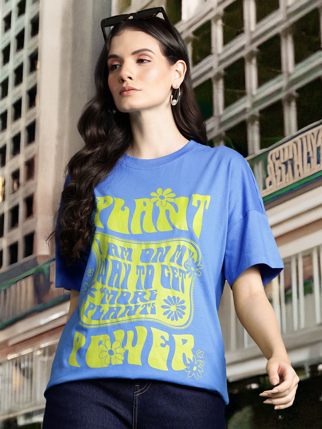 

DressBerry Printed Drop-Shoulder Pure Cotton T-shirt, Blue