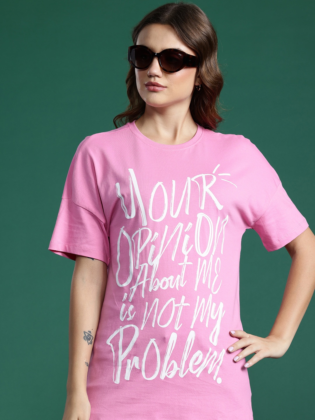 

DressBerry Women Typography Printed Drop-Shoulder Sleeves Pure Cotton T-shirt, Pink