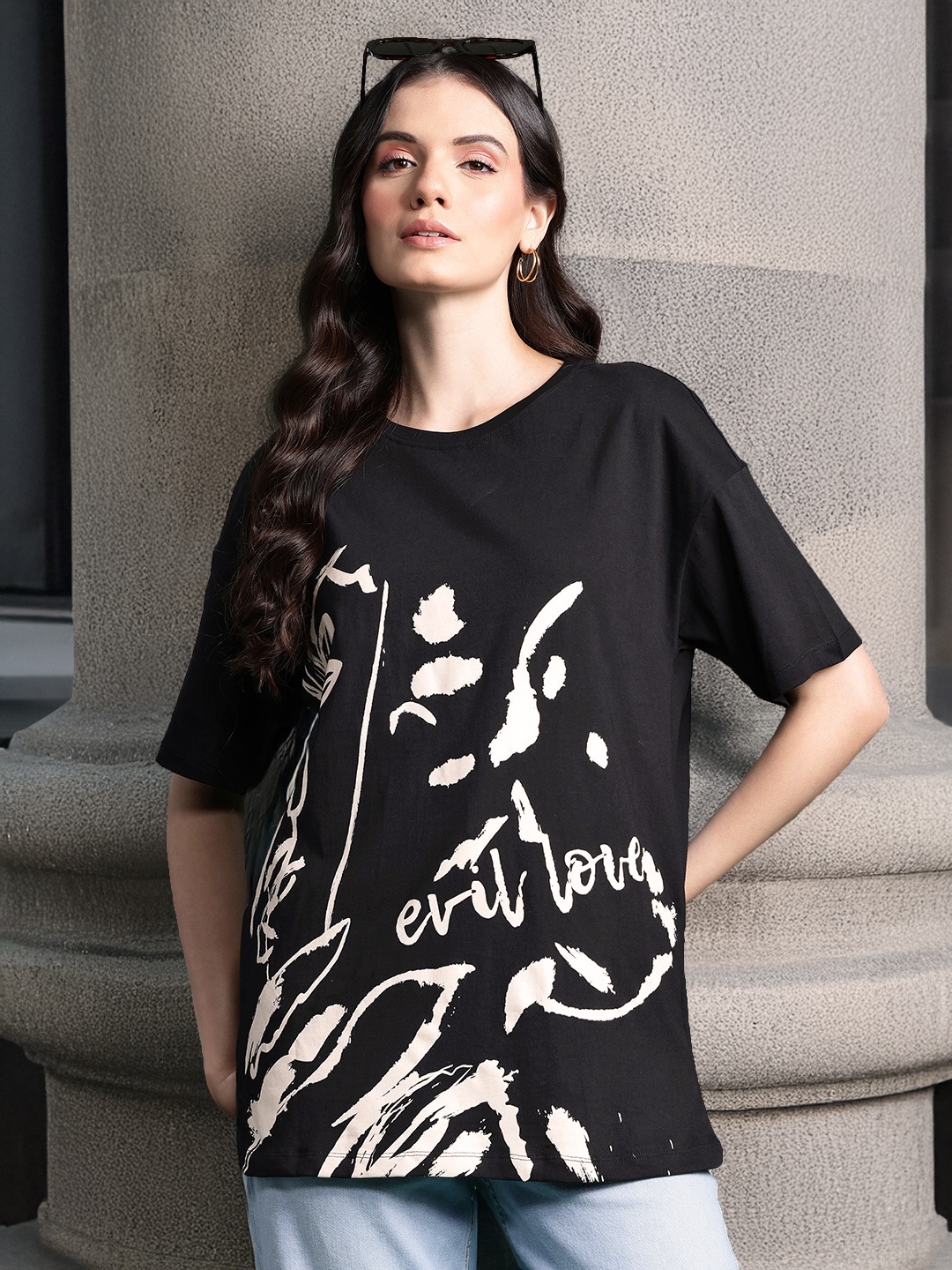 

DressBerry Printed Monochrome Pure Cotton T-shirt, Black