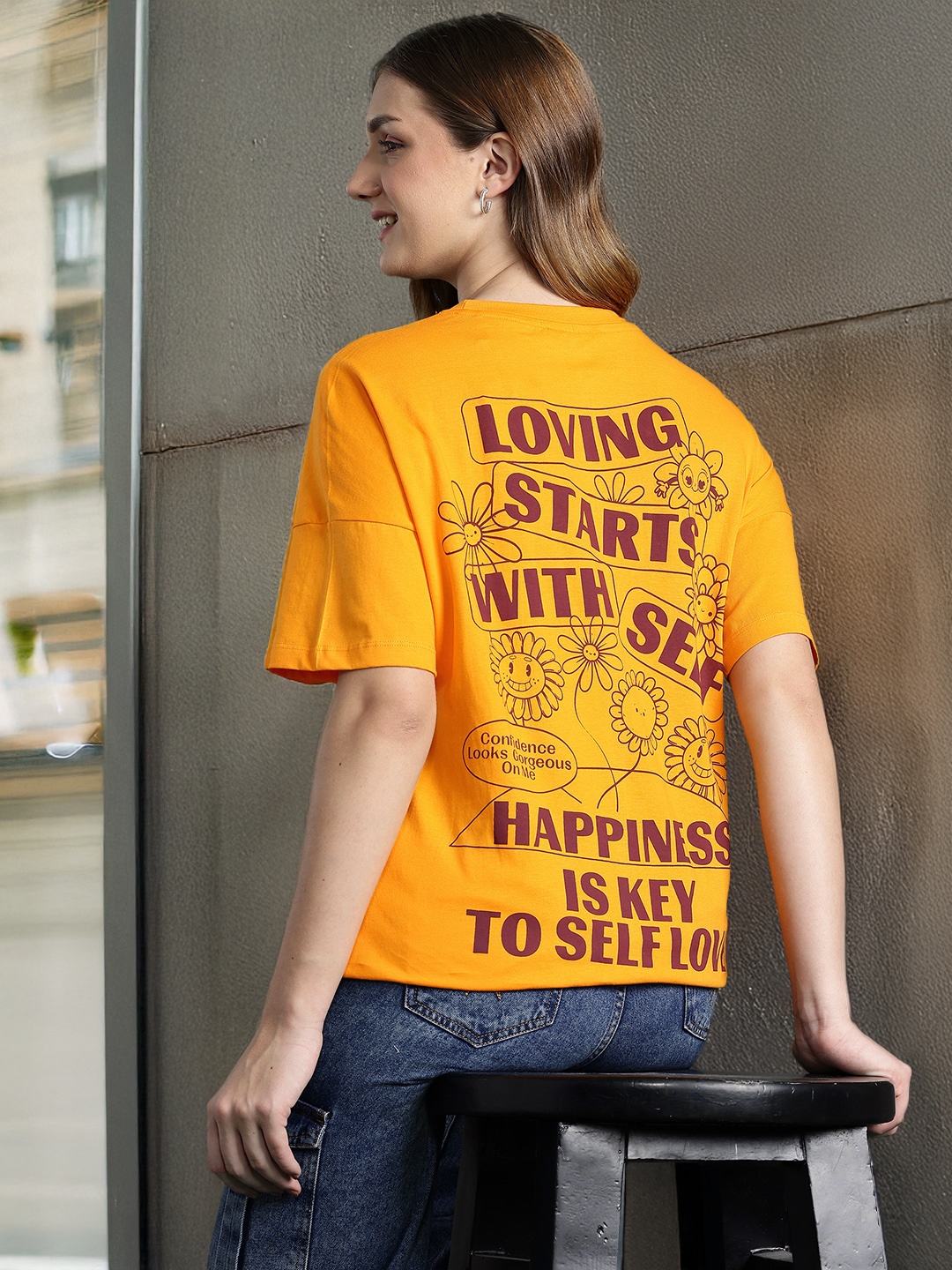 DressBerry Typography Printed Drop-Shoulder Pure Cotton T-shirt, Yellow