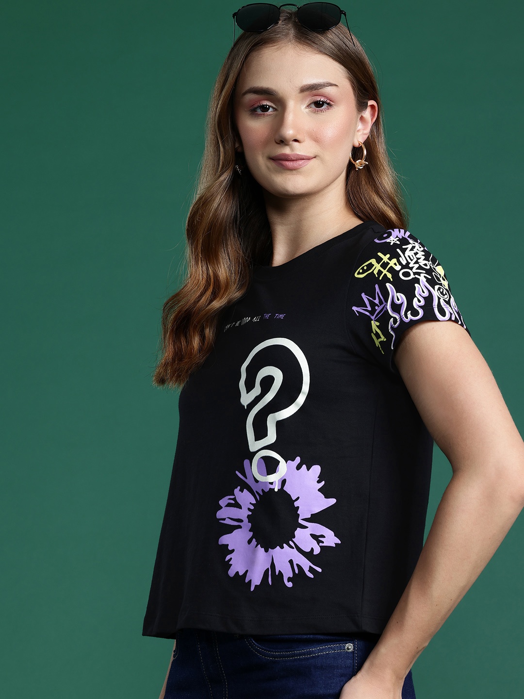 

DressBerry Women Printed Pure Cotton T-shirt, Black