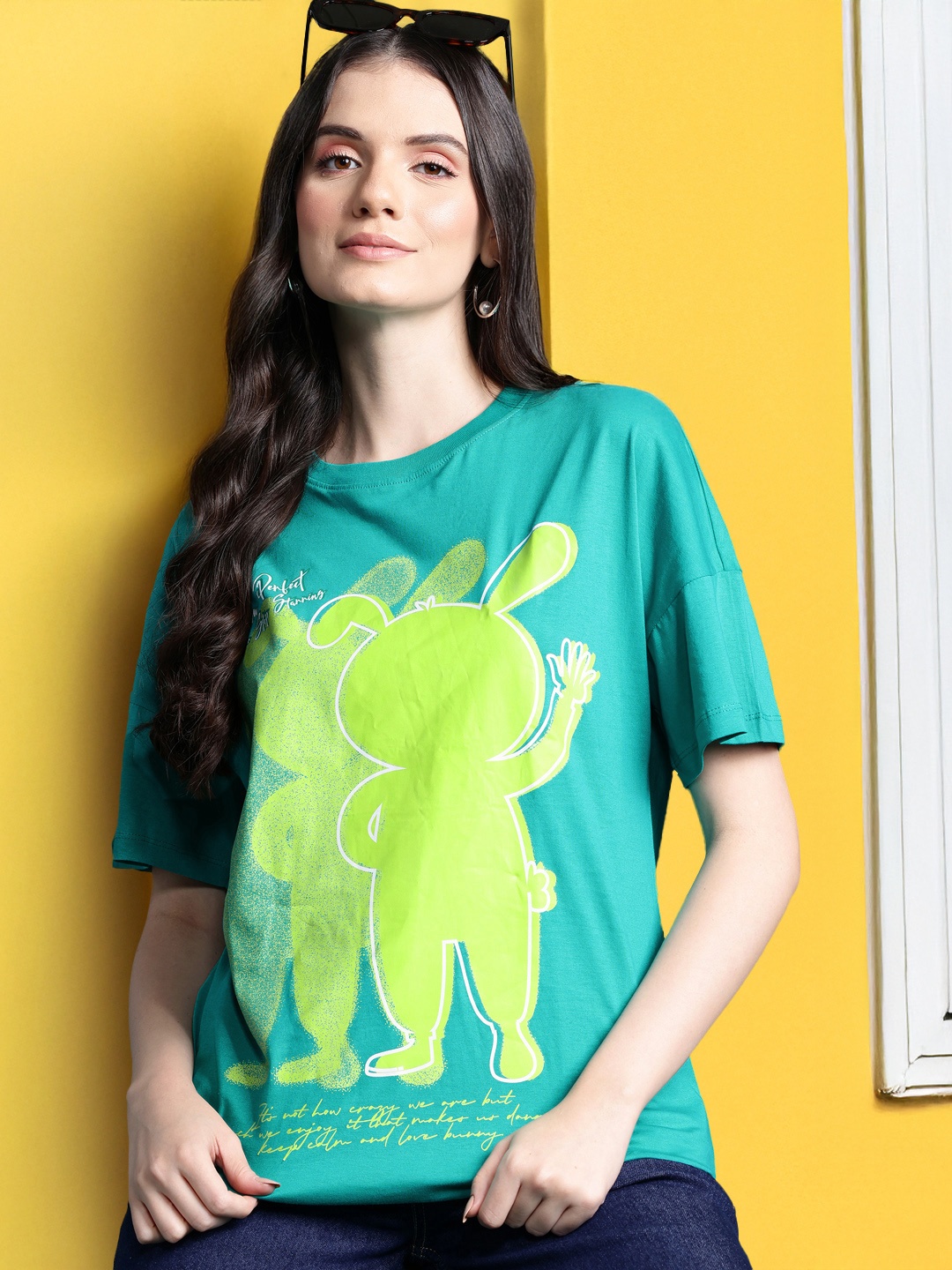 

DressBerry Women Printed Drop-Shoulder Sleeves Pure Cotton T-shirt, Green