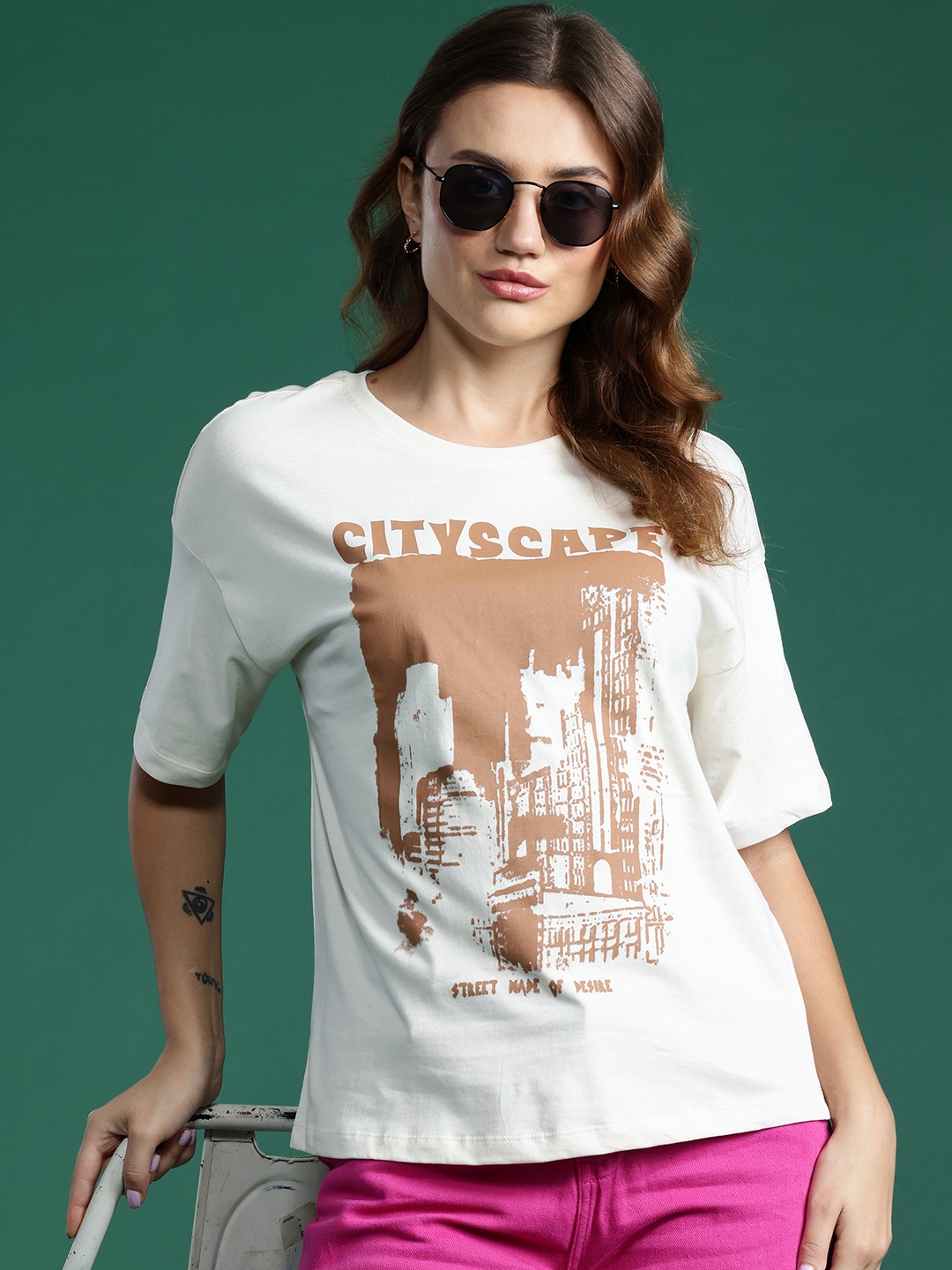 

DressBerry Women Printed Drop-Shoulder Sleeves Pure Cotton T-shirt, Off white