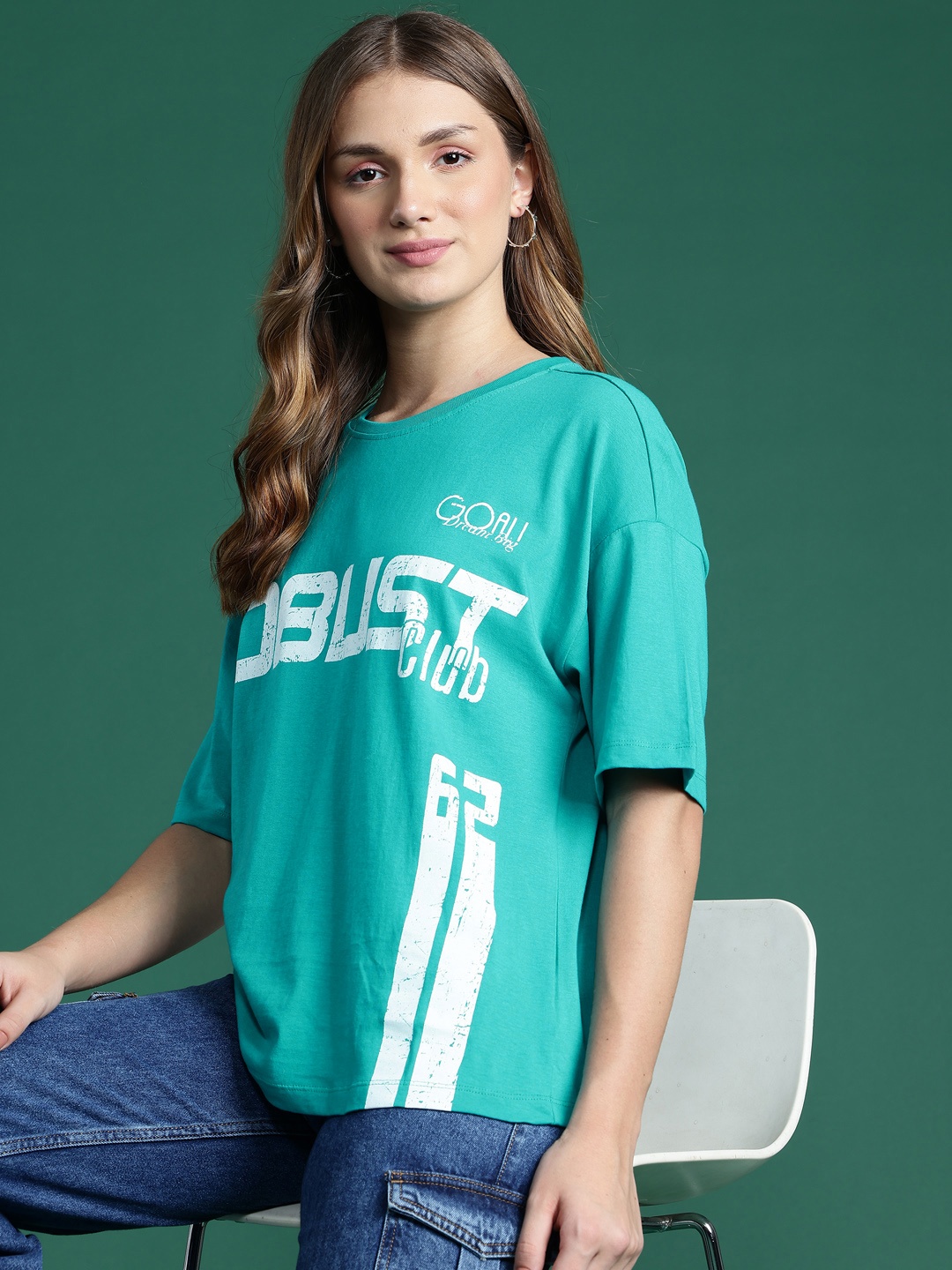 

DressBerry Printed Drop-Shoulder Sleeves Pure Cotton Relaxed T-shirt, Green
