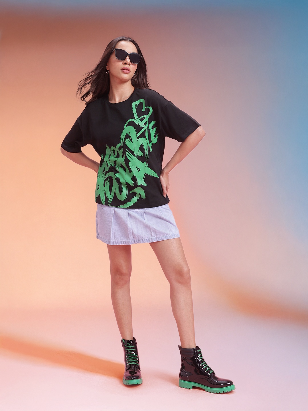 

DressBerry Printed Drop-Shoulder Sleeves Pure Cotton Relaxed T-shirt, Black