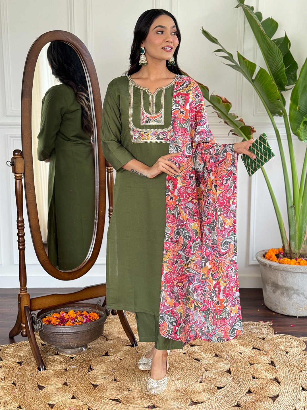 

KALINI Floral Embroidered Regular Thread Work Chanderi Silk Kurta with Trousers & Dupatta, Lime green
