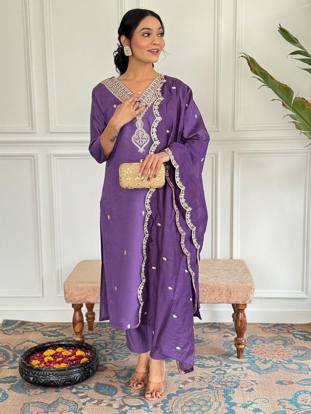 

KALINI Floral Embroidered Regular Thread Work Chanderi Silk Kurta with Trousers & Dupatta, Lavender