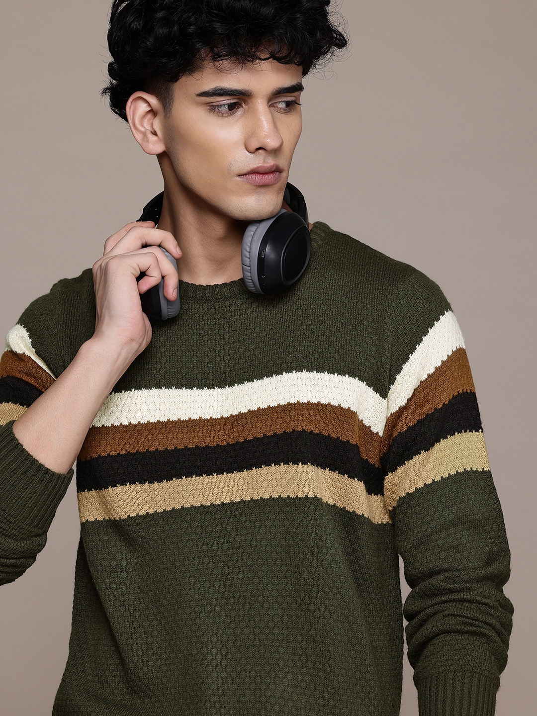 

The Roadster Lifestyle Co. Longline Striped Pure Acrylic Pullover, Olive