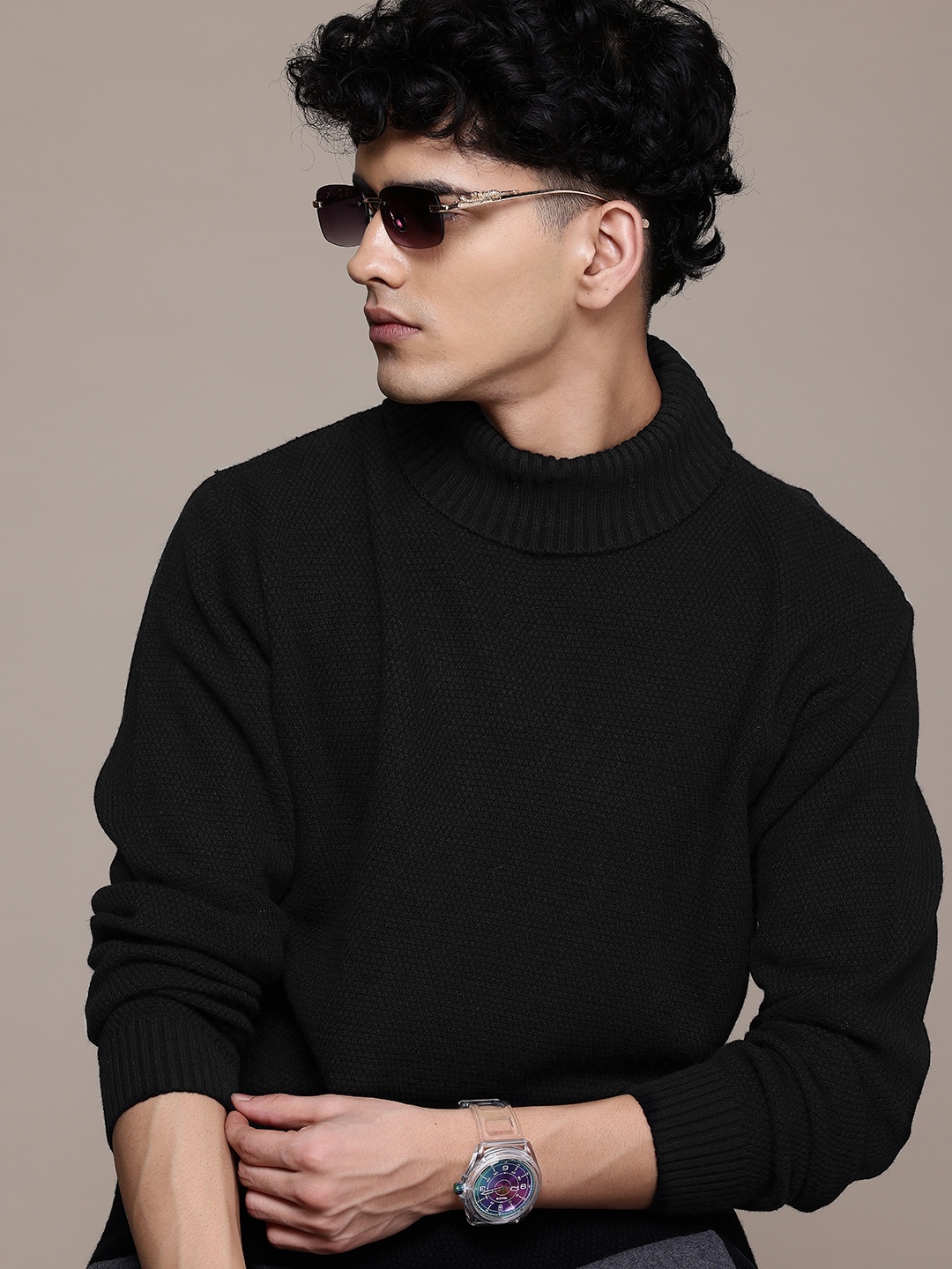 

The Roadster Lifestyle Co. Textured Turtle Neck Pure Acrylic Pullover, Black
