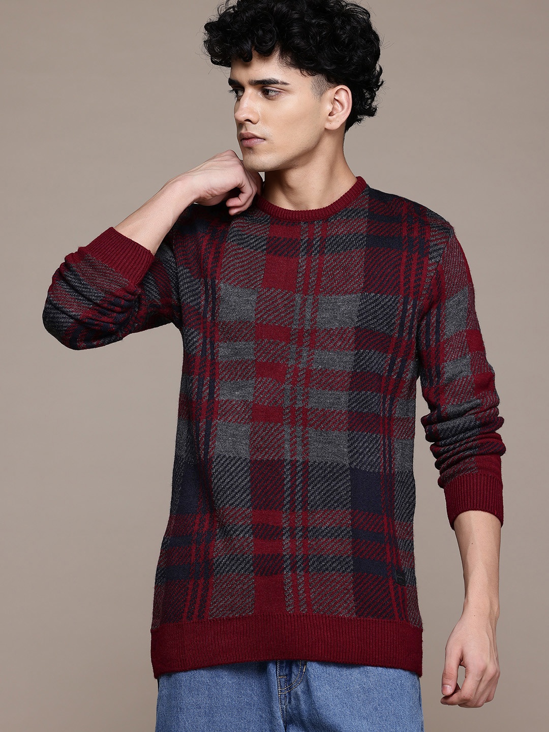 

The Roadster Lifestyle Co. Tartan Checked Pure Acrylic Longline Pullover, Maroon