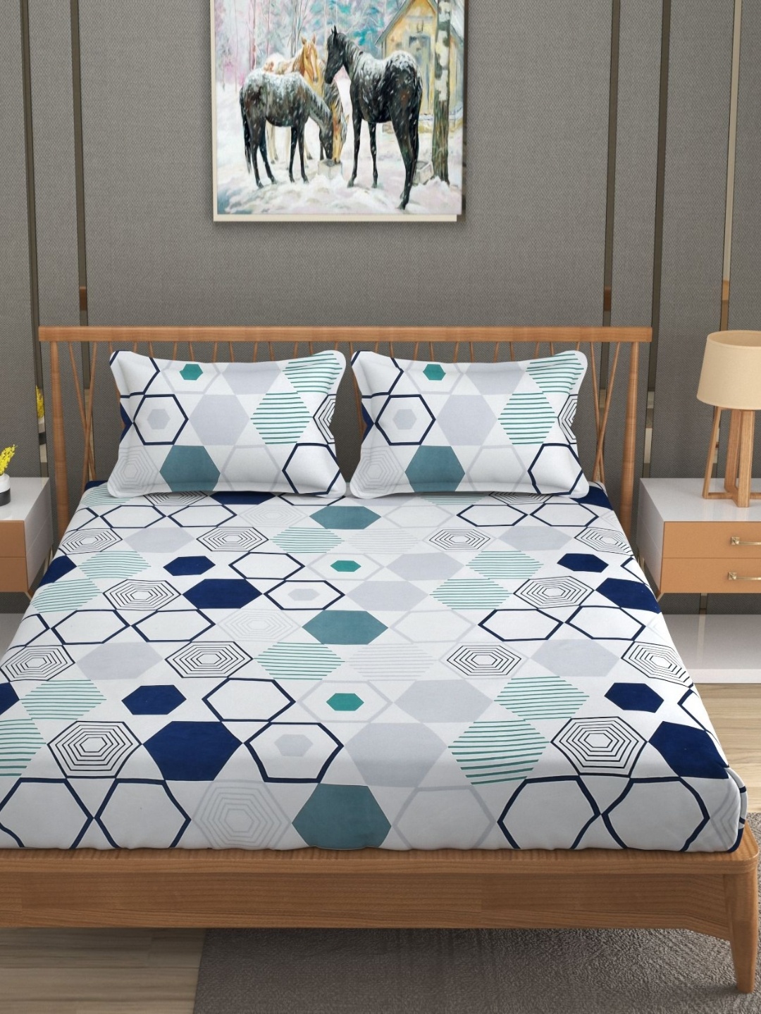 

RIDHAAN White & Blue Geometric 220 TC Cotton Queen Bedsheet with 2 Pillow Covers