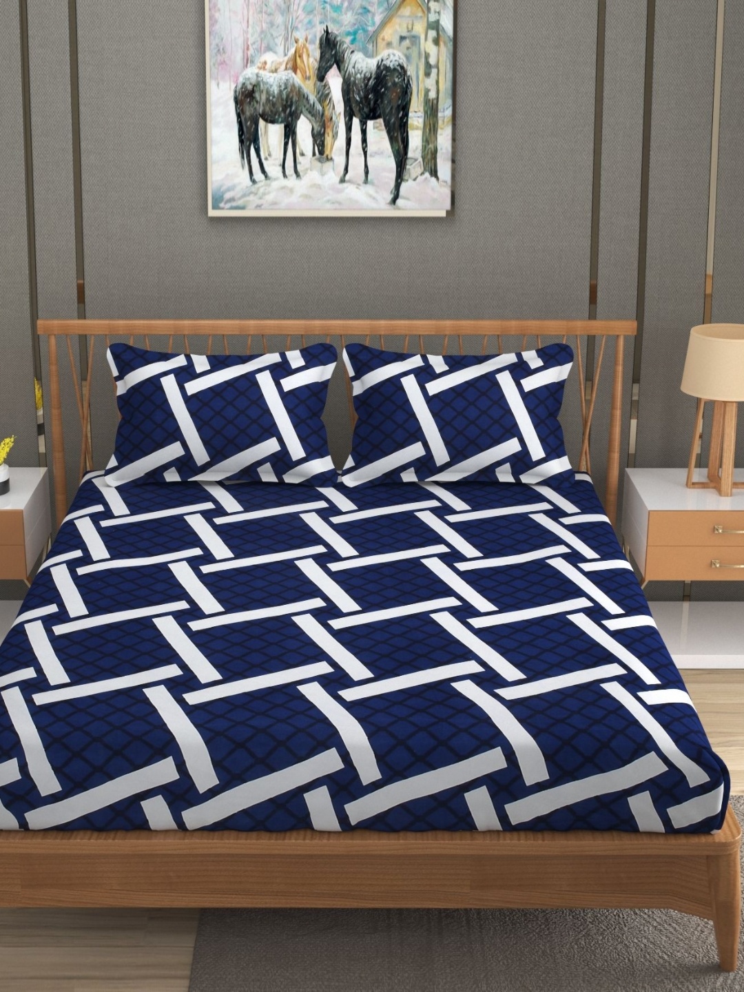 

RIDHAAN Blue & White Geometric 220 TC Cotton Queen Bedsheet With 2 Pillow Covers
