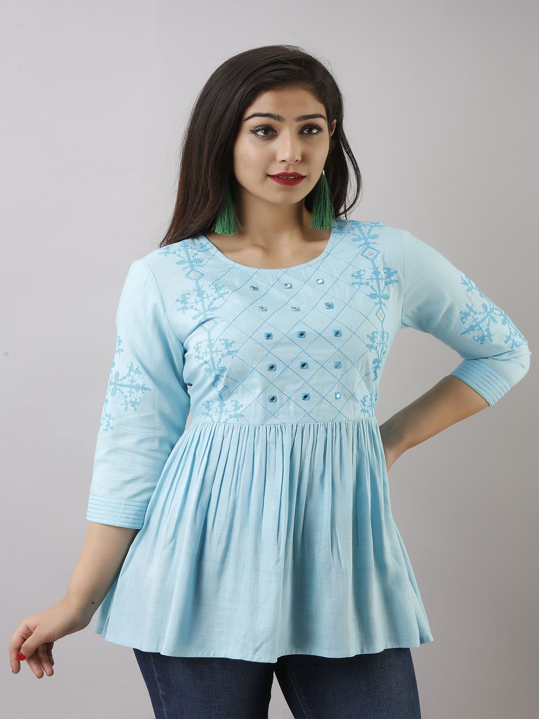 

TULIP 21 Round Neck Embellished Empire Top, Blue