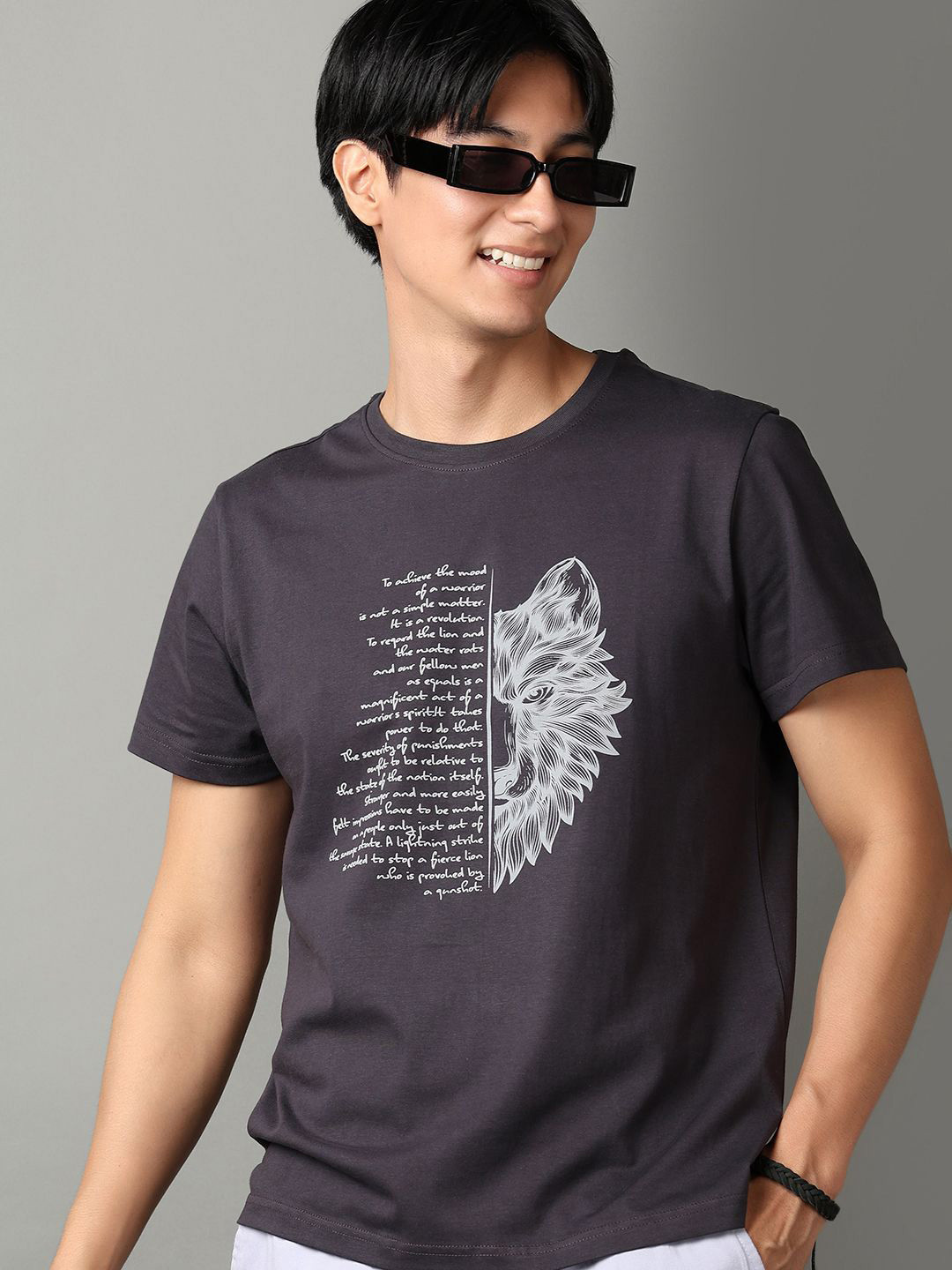 

V-Mart Men Graphic Printed Round Neck Cotton Slim Fit T-Shirt, Grey