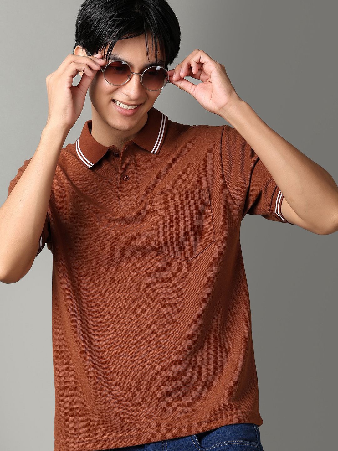 

V-Mart Men Solid Polo Collar Pocket Cotton T-shirt, Brown
