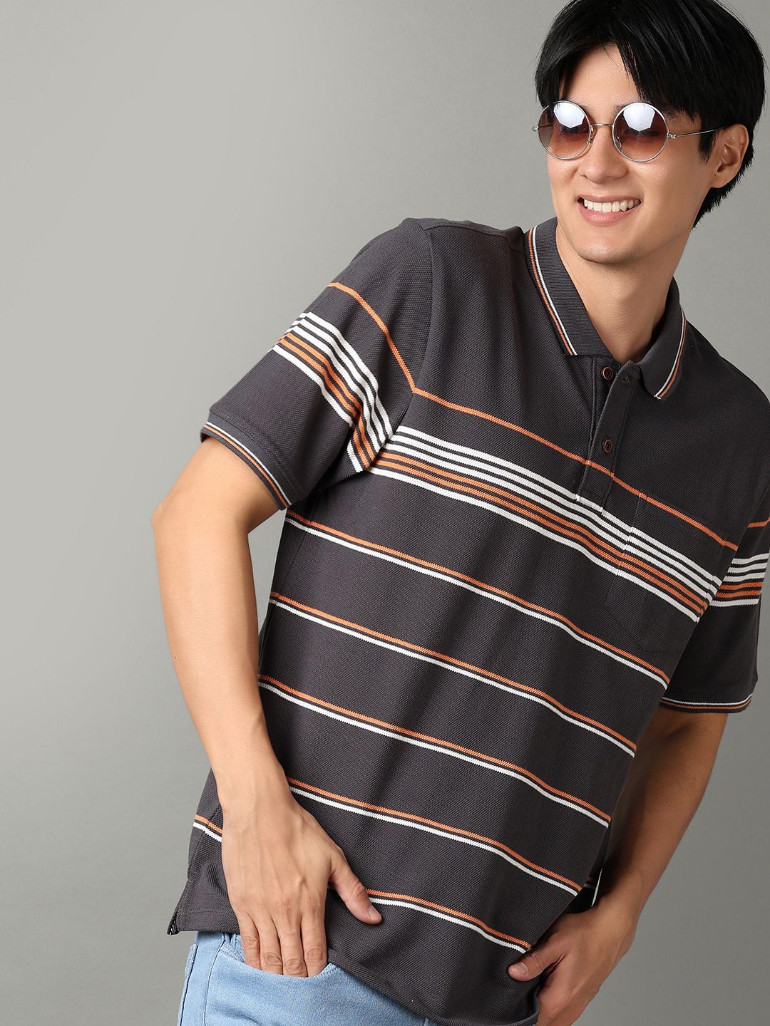 

V-Mart Men Striped Polo Collar Cotton T-shirt, Grey