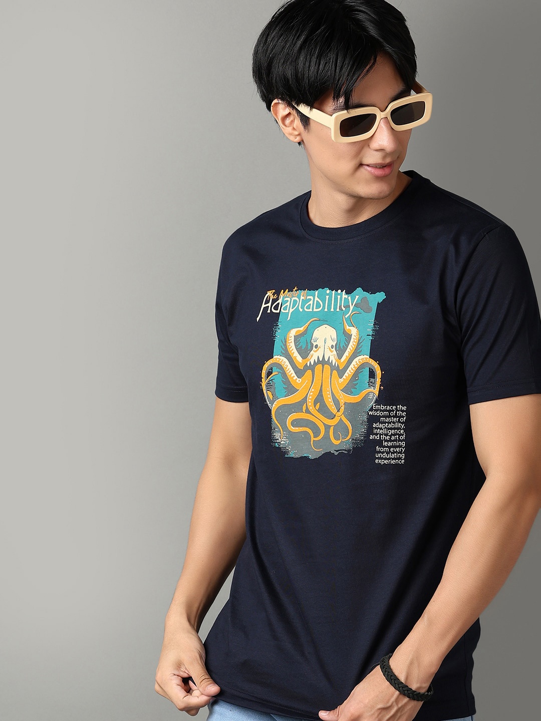 

V-Mart Men Graphic Printed Round Neck Cotton Slim Fit T-shirt, Navy blue