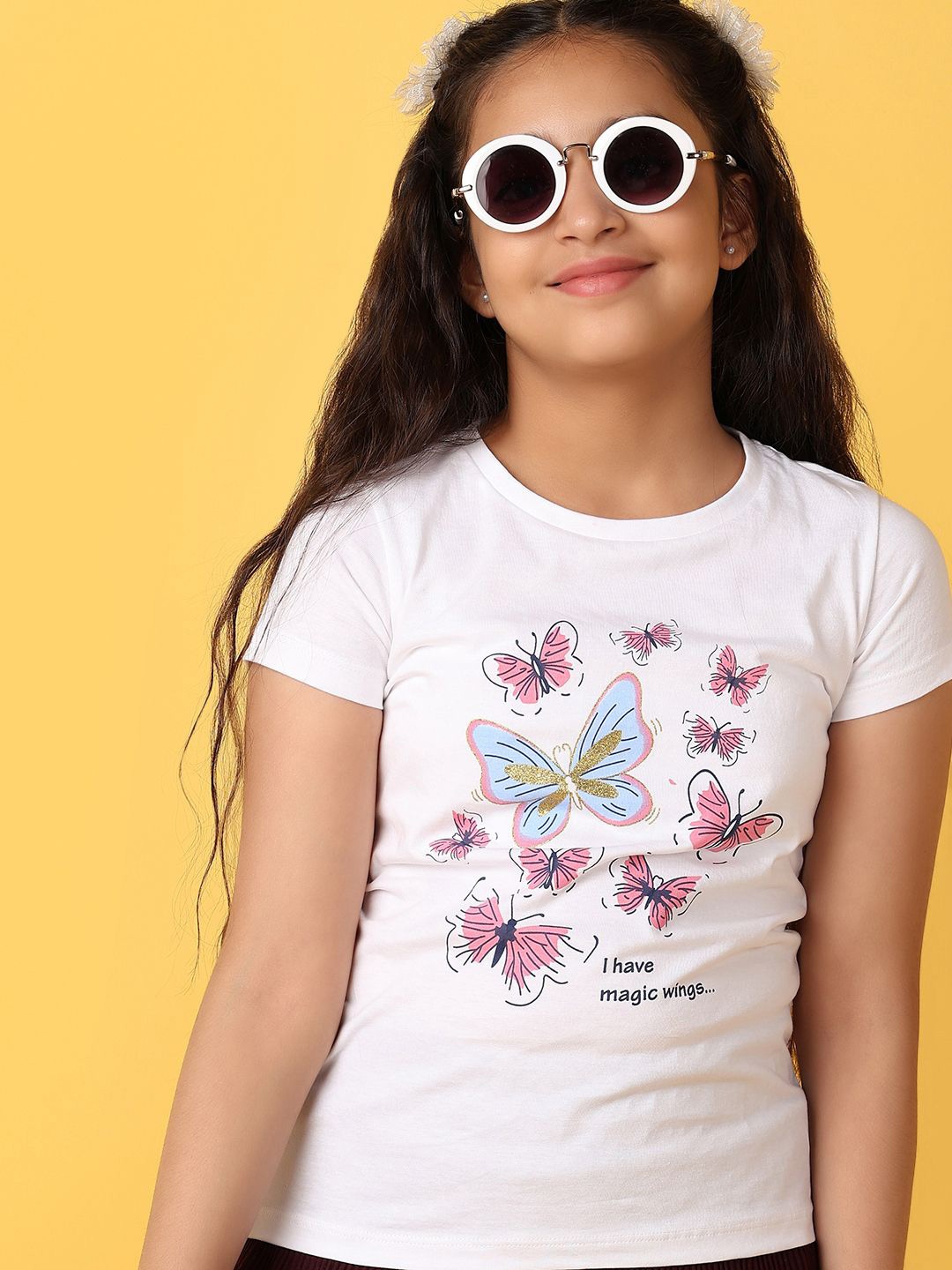 

V-Mart Girls Graphic Printed Round Neck Cotton T-shirt, White