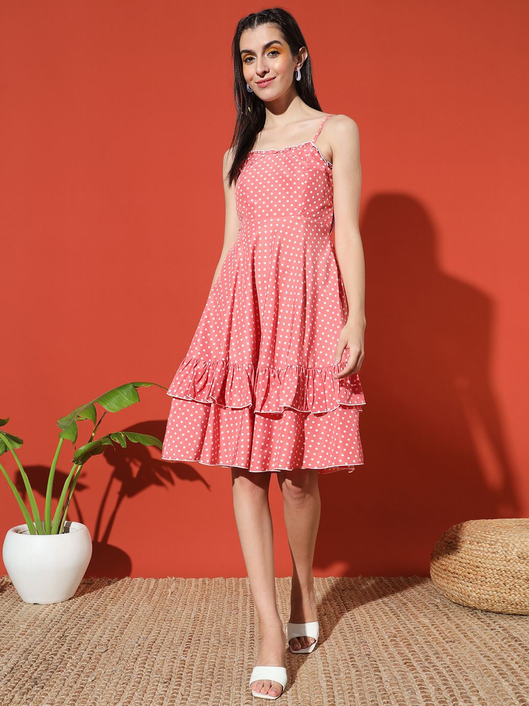 

GLITO Polka Dot Shoulder Straps A-Line Dress, Red