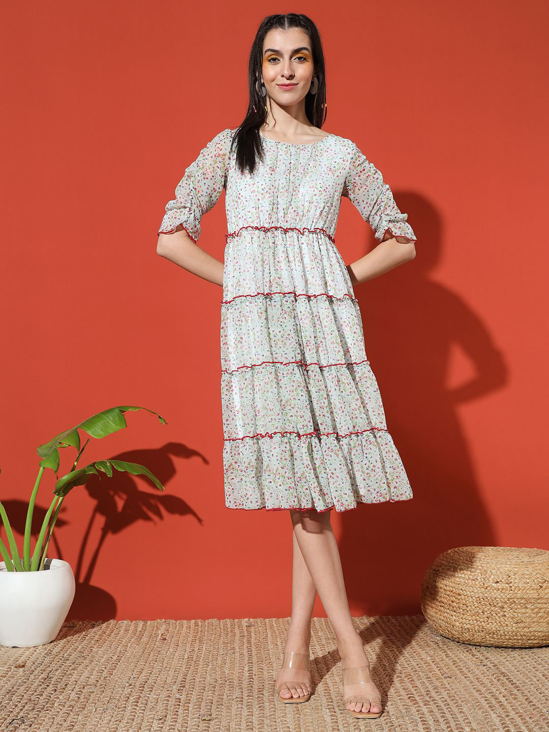 

GLITO Ethnic Motifs Print Empire Midi Dress, Pink