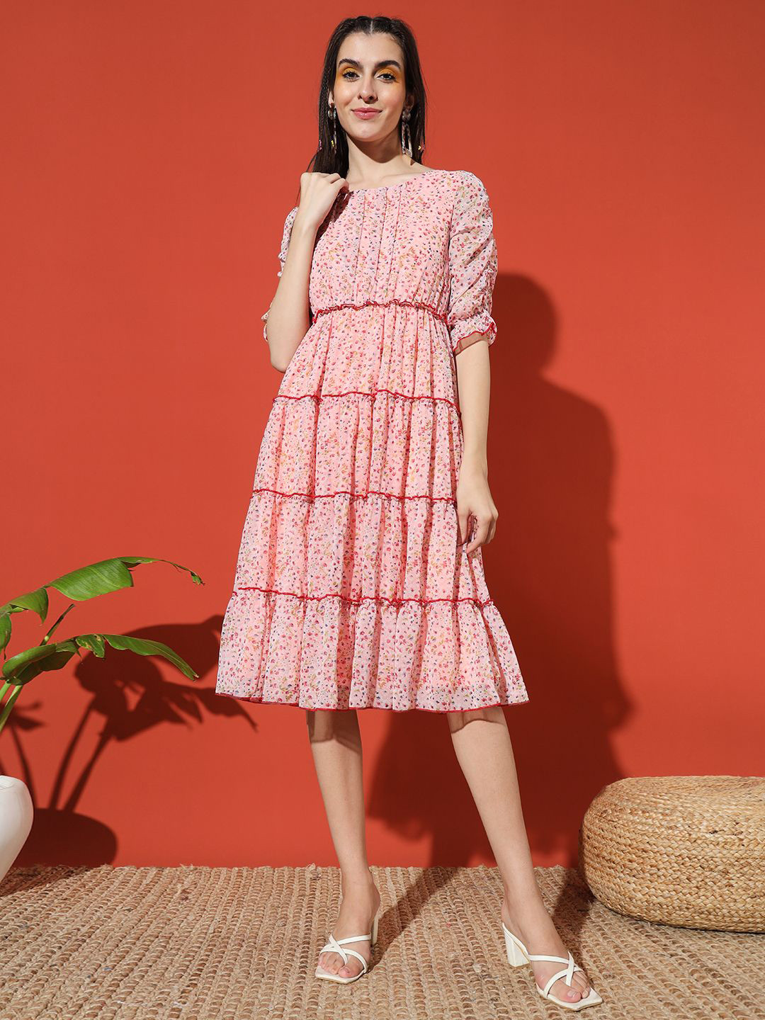 

GLITO Floral Print Georgette Tiered A-Line Midi Dress, Peach