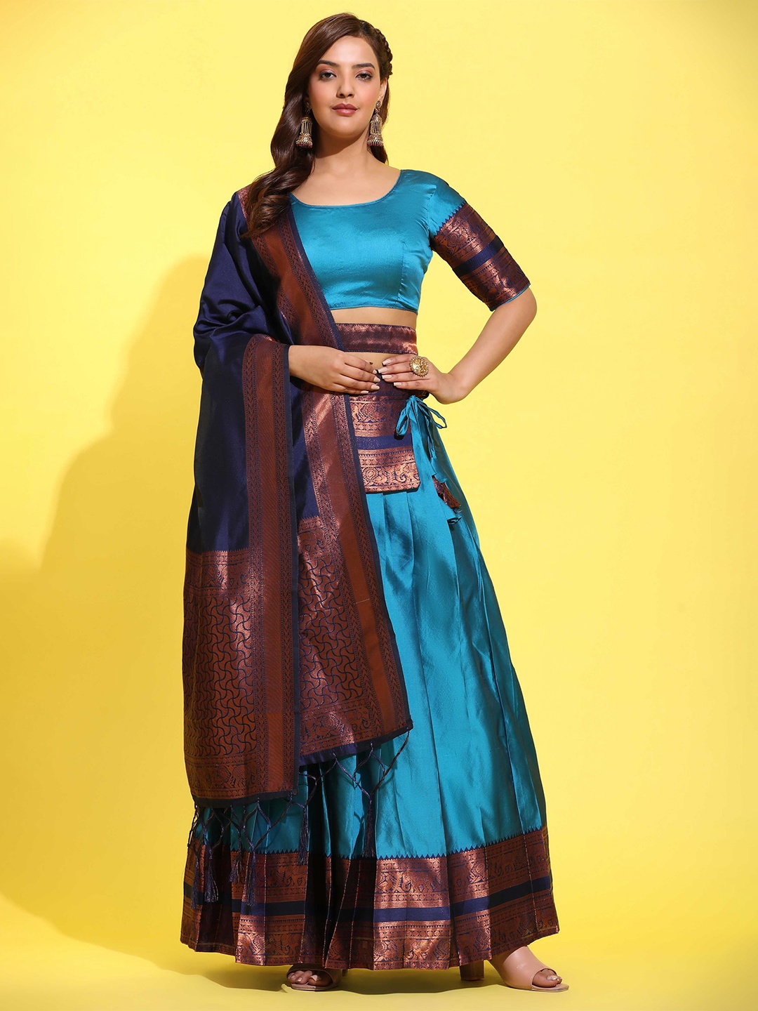 

Fabcartz Woven Design Semi-Stitched Lehenga & Blouse With Dupatta, Turquoise blue
