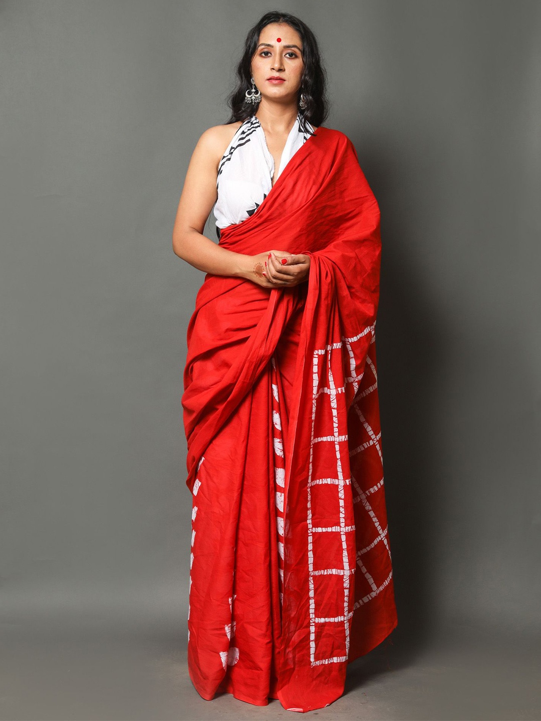 

JAIPURI PRINT Ethnic Motifs Pure Cotton Block Print Saree, Red