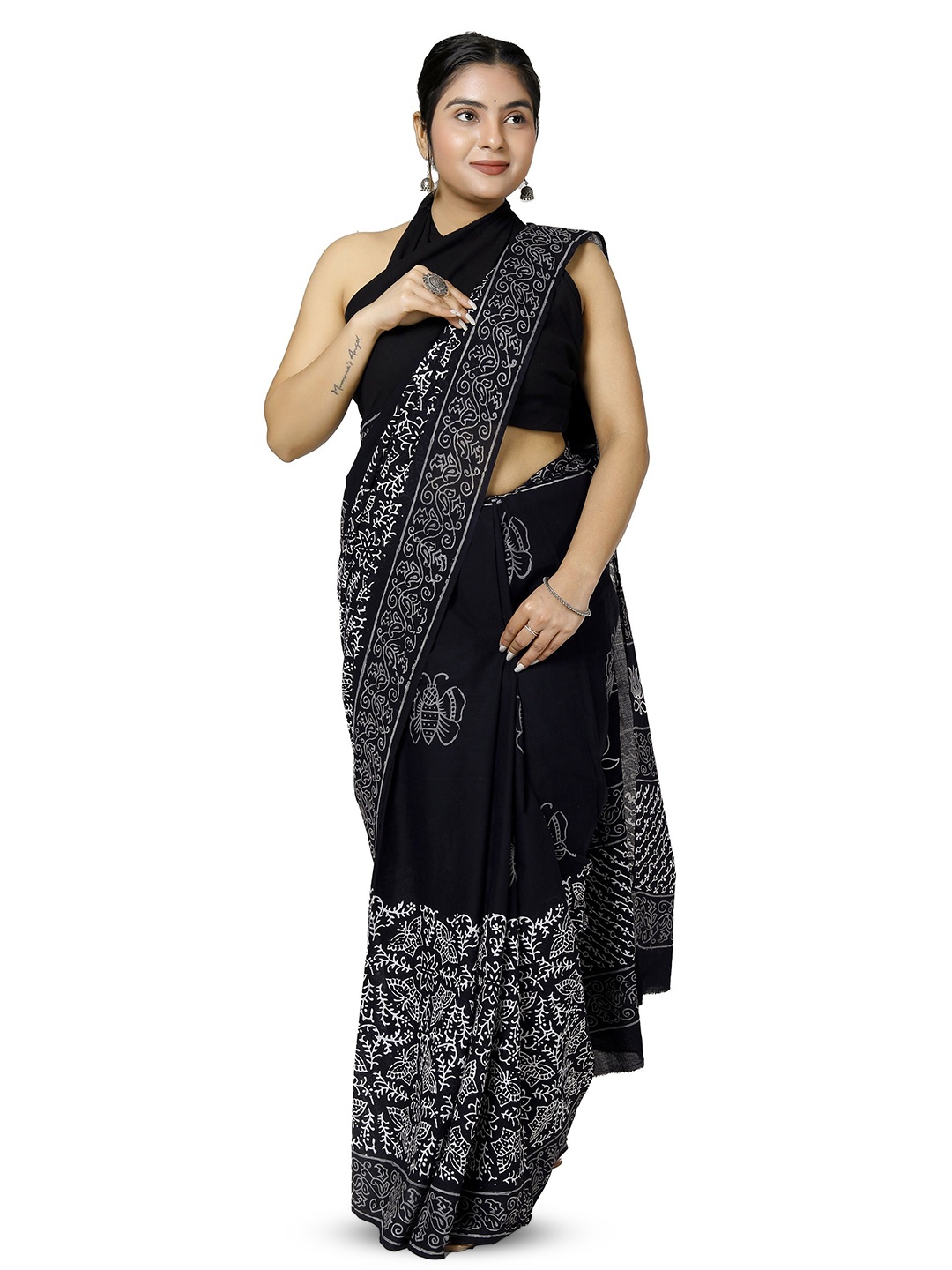 

JAIPURI PRINT Ethnic Motifs Pure Cotton Ikat Saree, Black