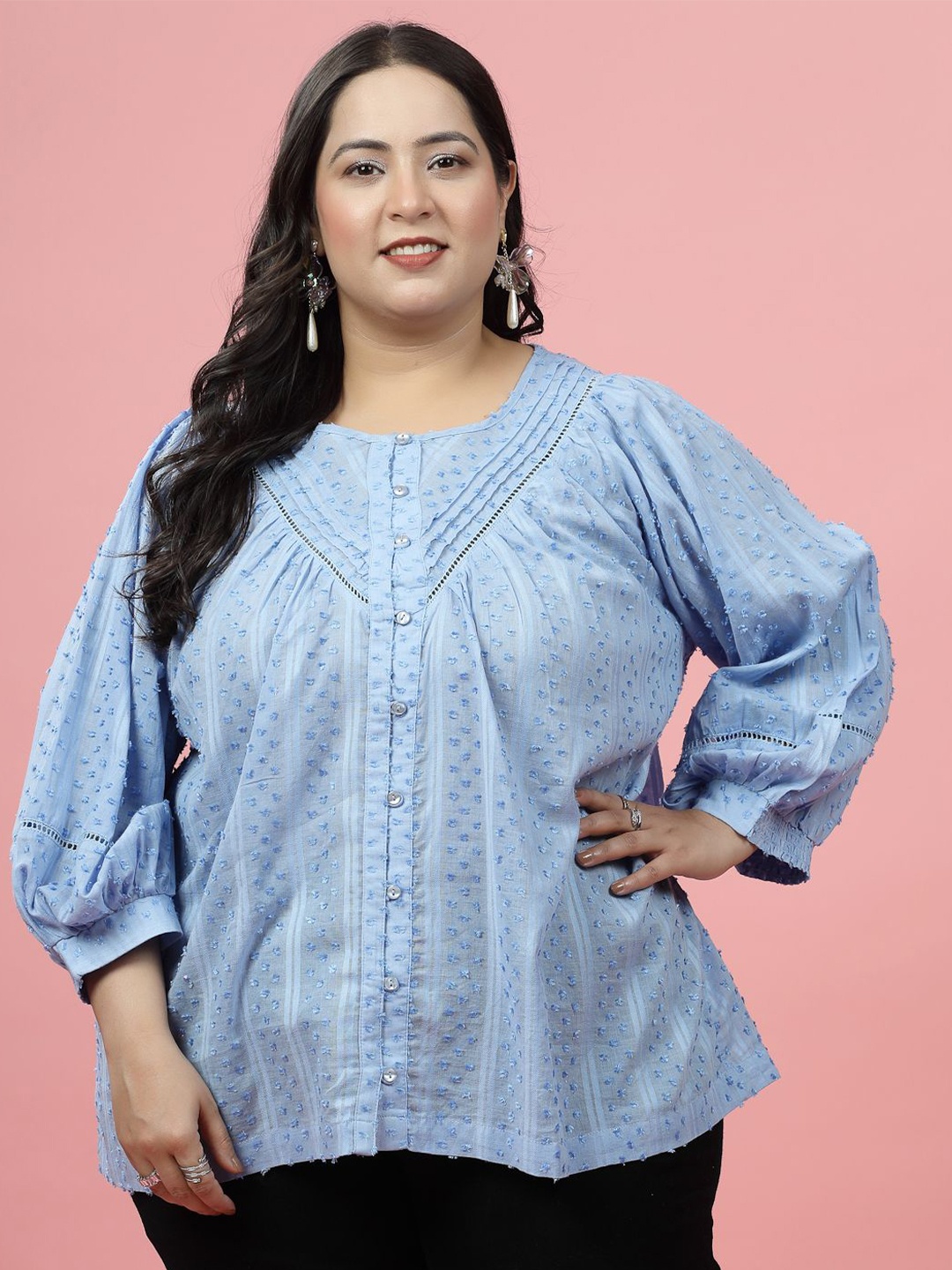 

EVERYDAY by ANI Women Puff Sleeve Cotton Top, Blue