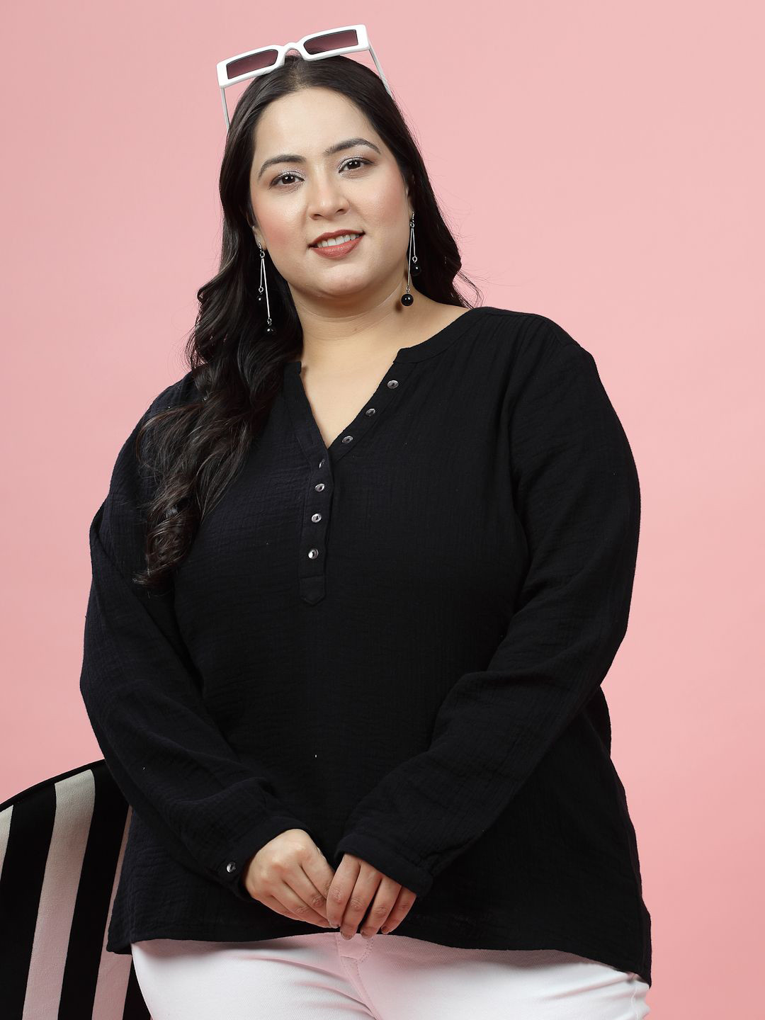

EVERYDAY by ANI Plus Size Solid Round Neck Cotton Shirt Style Top, Black