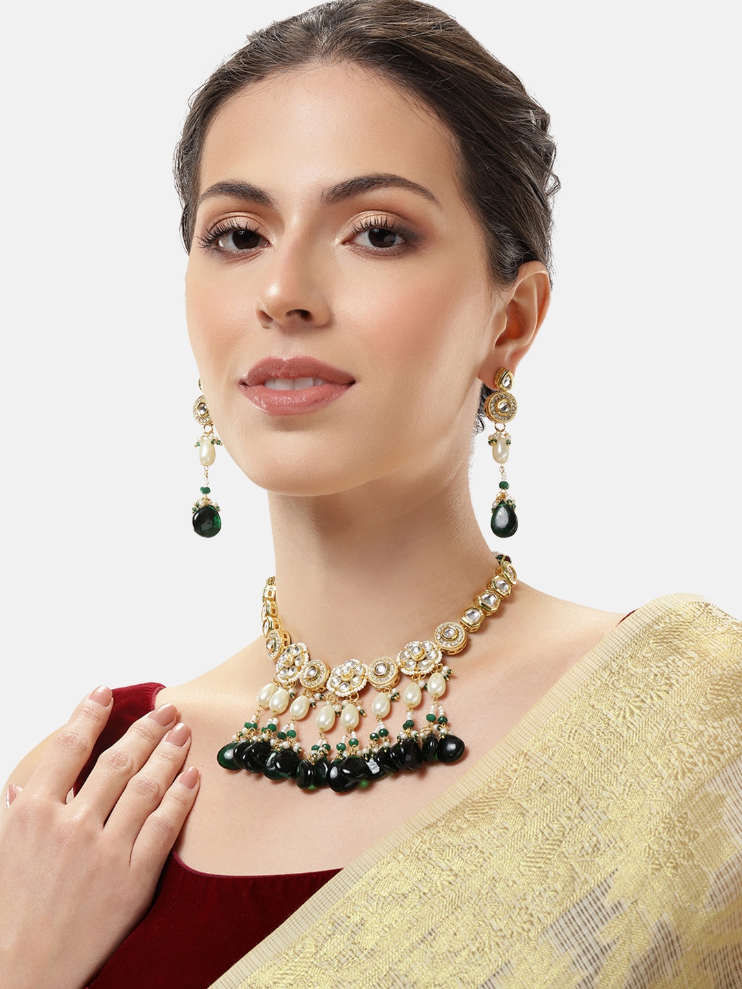 

ABDESIGNS Gold-Plated Artificial Stones & Beads Choker Necklace With Earrings
